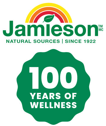 Stacked Jamieson logos. Jamieson Natural Sources Since 1922, 100 Years of Wellness