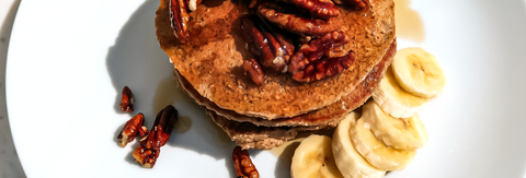 Banana Oat Pancakes with Maple Candied Pecans