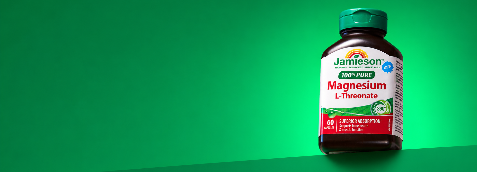 Bottle of Jamieson Magnesium L-Threonate on a green background