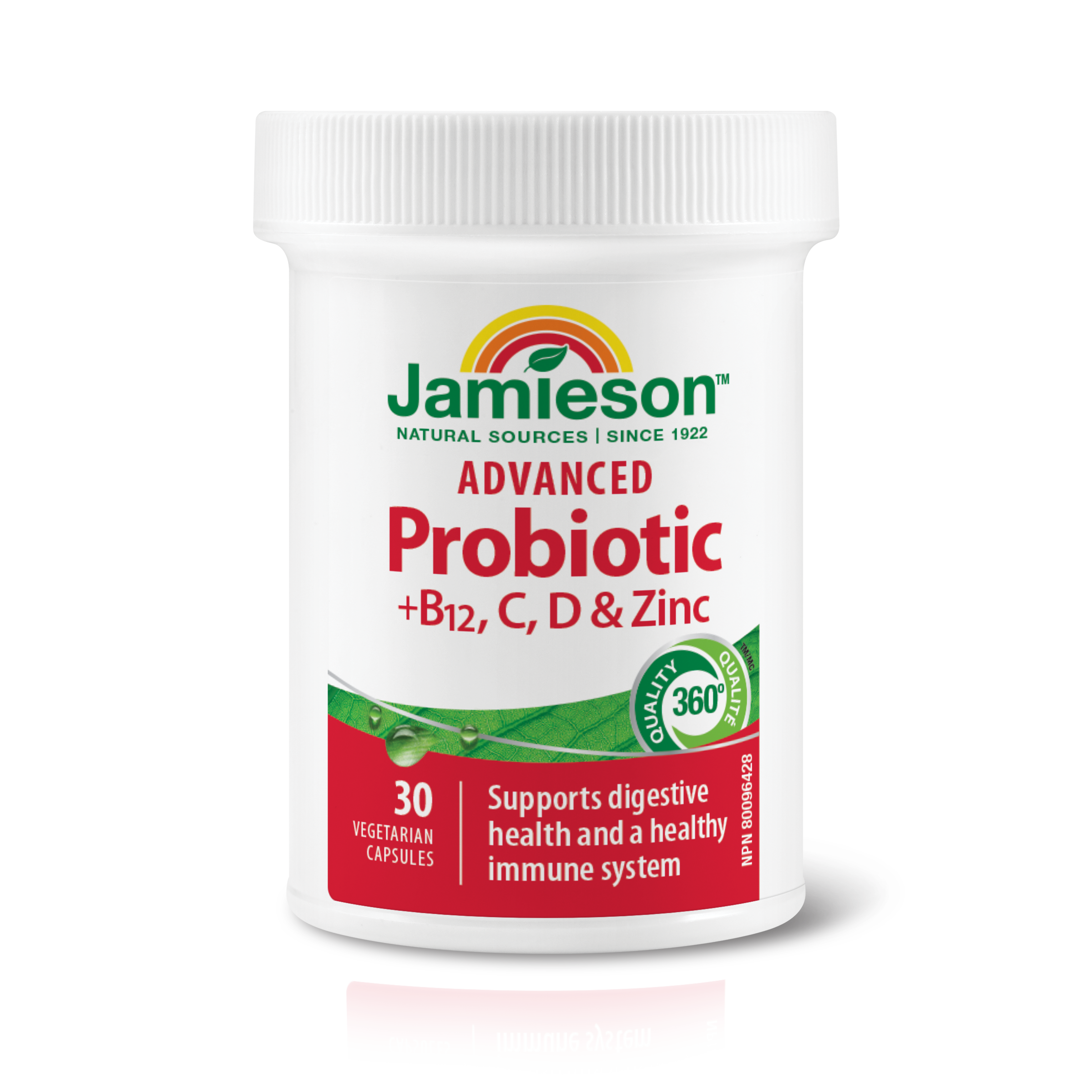 31000108 Jamieson Advanced Probiotic + Vitamins B12, C, D, & Zinc 10 Billion CFU, 30 ct 10007_R2073_Advanced_Probiotic+BCDZinc_112mL_BTL_ALT