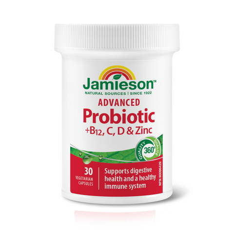 31000108 Jamieson Advanced Probiotic + Vitamins B12, C, D, & Zinc 10 Billion CFU, 30 ct 10007_R2073_Advanced_Probiotic+BCDZinc_112mL_BTL_ALT