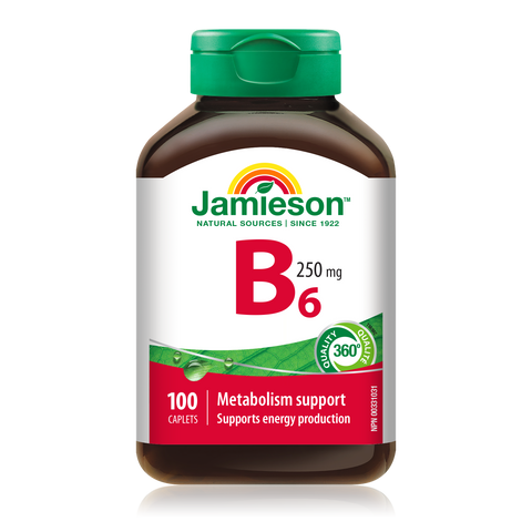 31000218 Jamieson Vitamin B6 Pyridoxine Caplets 250 mg, 100 ct 2019_R2104_B6_250mg_160cc_BTL_MAIN
