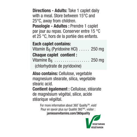 31000218 Jamieson Vitamin B6 Pyridoxine Caplets 250 mg, 100 ct 2019_R2104_B6_250mg_160cc_NFP