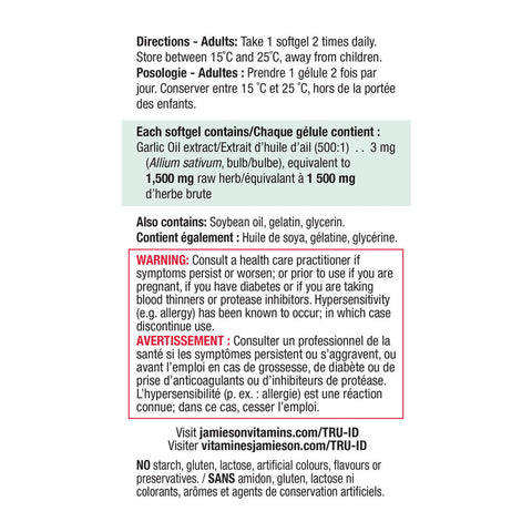 31000274 Jamieson Super Garlic Oil 1,500 mg, 100 ct 2300_Super Garlic Oil_NFP_BI