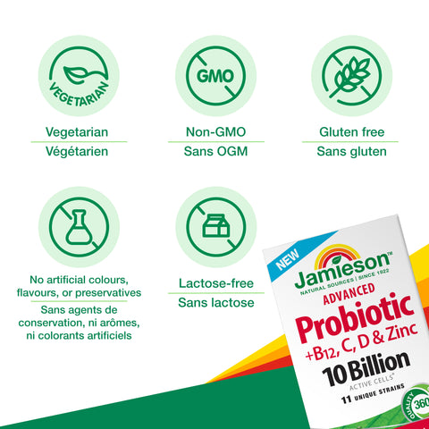 31000108 Jamieson Advanced Probiotic + Vitamins B12, C, D, & Zinc 10 Billion CFU, 30 ct 240029_JV_10007_Probiotic+BCDZinc-02