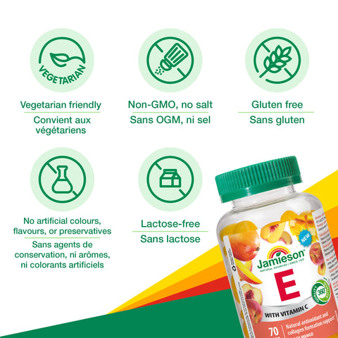 31000109 Jamieson Vitamin E Gummies 100 IU, Peach Mango, 70 ct 240093 JV_Amazon_10008 Vitamin E Gummies_01