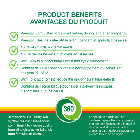 31000543 Jamieson 100% Complete Prenatal Multivitamin with DHA, 60 ct 240349_JV_Canada_Amazon_Product Pages_7614_02_R1
