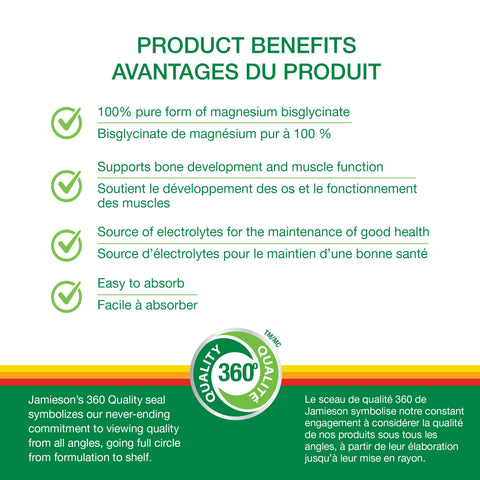 Product benefits list for magnesium bisglycinate with Jamieson 360 Quality seal on a white background.
