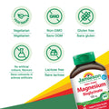 Bottle of Jamieson 100% Pure Magnesium Bisglycinate supplement with vegetarian, non-GMO, gluten-free, and lactose-free icons on a colorful background.