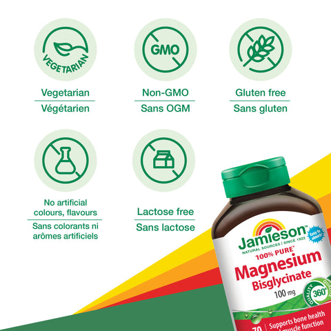 Bottle of Jamieson 100% Pure Magnesium Bisglycinate supplement with vegetarian, non-GMO, gluten-free, and lactose-free icons on a colorful background.