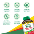 Bottle of Jamieson 100% Pure Magnesium Bisglycinate supplement with vegetarian, non-GMO, gluten-free, and lactose-free icons on a colorful background.