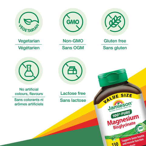 Bottle of Jamieson 100% Pure Magnesium Bisglycinate supplement with vegetarian, non-GMO, gluten-free, and lactose-free icons on a colorful background.
