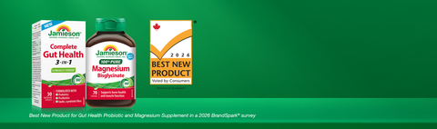 Jamieson Complete Gut Health and Jamieson 100% Pure Magnesium Bisglycinate on a green background. The BrandSpark emblem for 2026 Best New Product voted by consumers is displayed in the corner. Subtext reads "Best New Product for Gut Health Probiotic and Magnesium Supplement in a 2026 BrandSpark® survey".