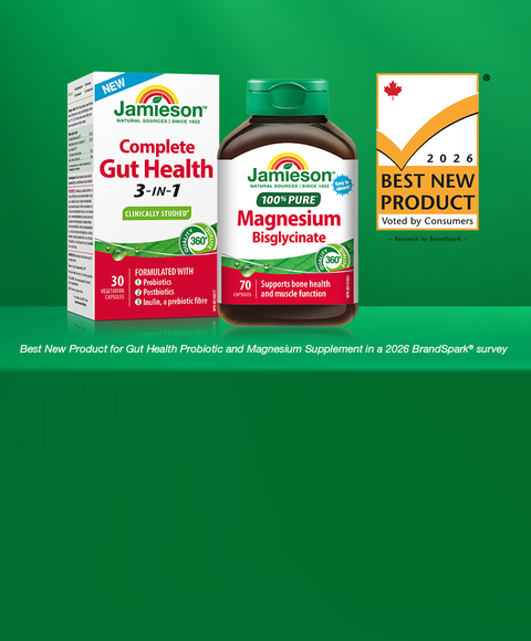 Jamieson Complete Gut Health and Jamieson 100% Pure Magnesium Bisglycinate on a green background. The BrandSpark emblem for 2026 Best New Product voted by consumers is displayed in the corner. Subtext reads "Best New Product for Gut Health Probiotic and Magnesium Supplement in a 2026 BrandSpark® survey".