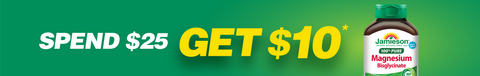 Jamiesons magnesium supplement bottle with promotional text on a green background. Text rades: Spend $25, Get $10*