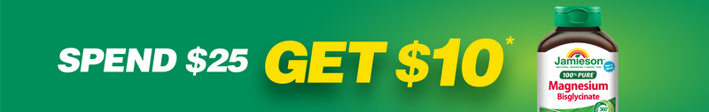 Jamiesons magnesium supplement bottle with promotional text on a green background. Text rades: Spend $25, Get $10*