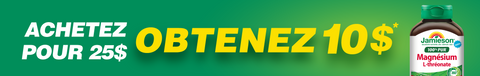 Jamiesons magnesium supplement bottle with promotional text on a green background: "achetez pour 25 $ obtenez 10 $*"