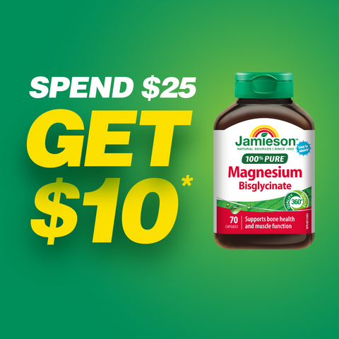 Jamiesons magnesium supplement bottle with promotional text on a green background. Text rades: Spend $25, Get $10*
