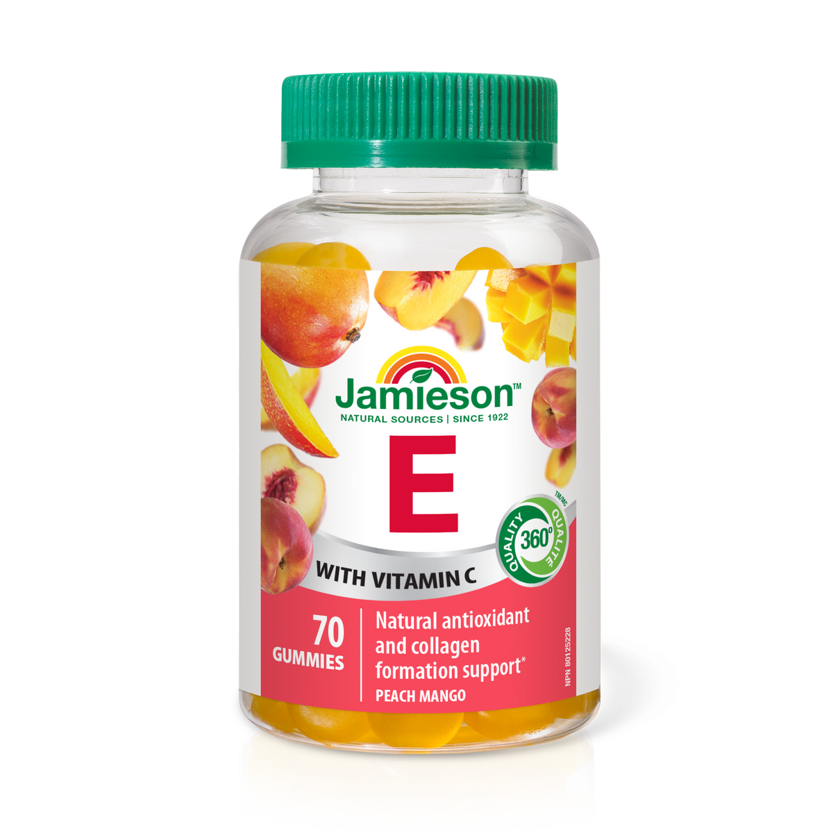 31000109 Jamieson Vitamin E Gummies 100 IU, Peach Mango, 70 ct 31000109_J_GUM_E_300cc_R2045_BTL_MAIN