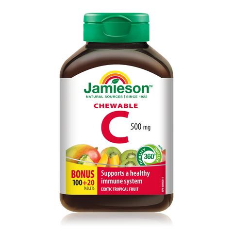 31000304 Jamieson Vitamin C Chewables 500 mg Tablet 31000304_J_C_Chewable_Tropical_BONUS_375cc_21004632_BTL_MAIN