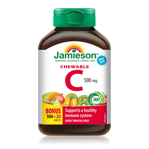 31000304 Jamieson Vitamin C Chewables 500 mg Tablet 31000304_J_C_Chewable_Tropical_BONUS_375cc_21004632_BTL_MAIN