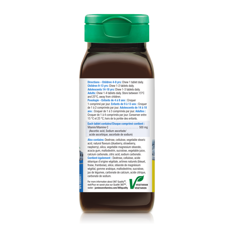 31000324 Jamieson Vitamin C Chewables 500 mg Tablet 31000324_J_C_Chewable_Blueberry_BONUS_375cc_21004734_BTL_DIR