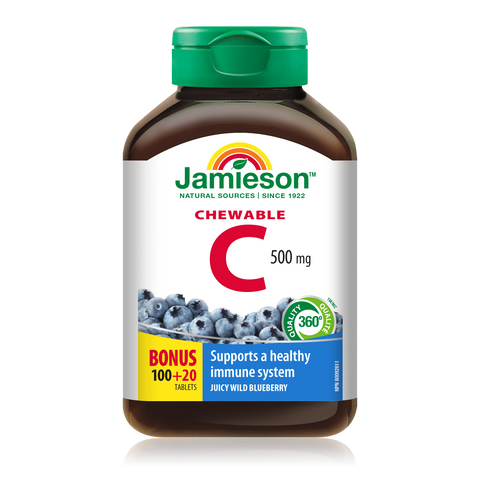 31000324 Jamieson Vitamin C Chewables 500 mg Tablet 31000324_J_C_Chewable_Blueberry_BONUS_375cc_21004734_BTL_MAIN