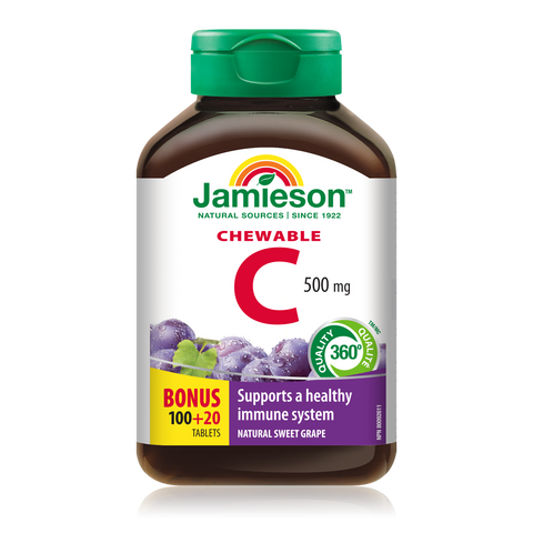 31000410 Jamieson Vitamin C Chewables 500 mg Tablet 31000410_J_C_Chewable_Grape_375cc_21005065_BTL_MAIN