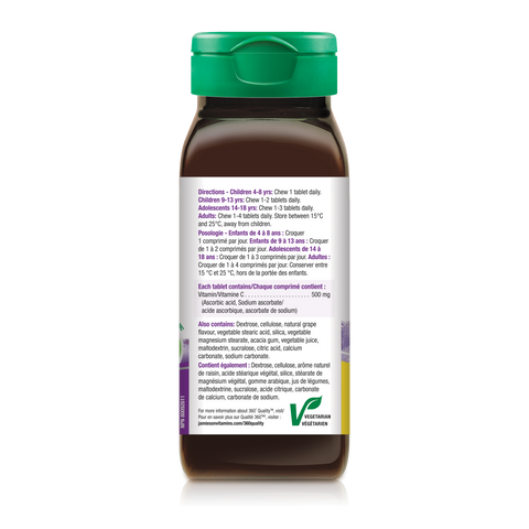 31000410 Jamieson Vitamin C Chewables 500 mg Tablet 31000410_J_C_Chewable_Grape_375cc_21005065_BTL_NFP