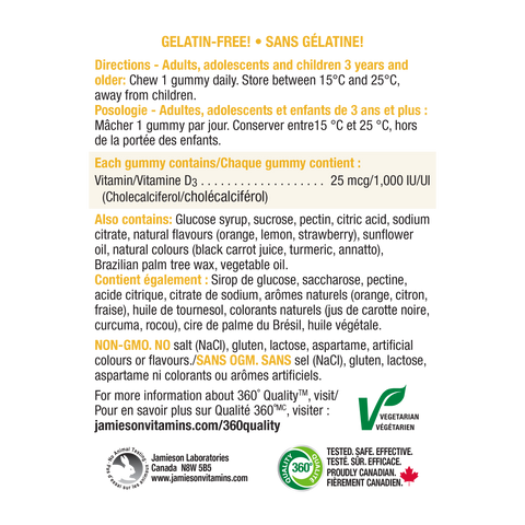 31000492 Jamieson Vitamin D3 1,000 IU Gummies Gummies 31000492_J_GUM_D3_1000IU_OrangeLemonStrawberry_250cc_R2055_NFP