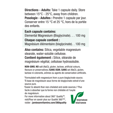 31002187 Jamieson Magnesium Bisglycinate N/A Flavour 70 Capsules 31002187_J_Magnesium_Bisglycinate_250cc_R2065_BI_NFP