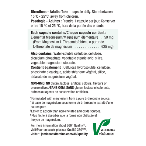 31002418 Jamieson 100% Pure Magnesium L-Threonate Capsules 31002418_NFP