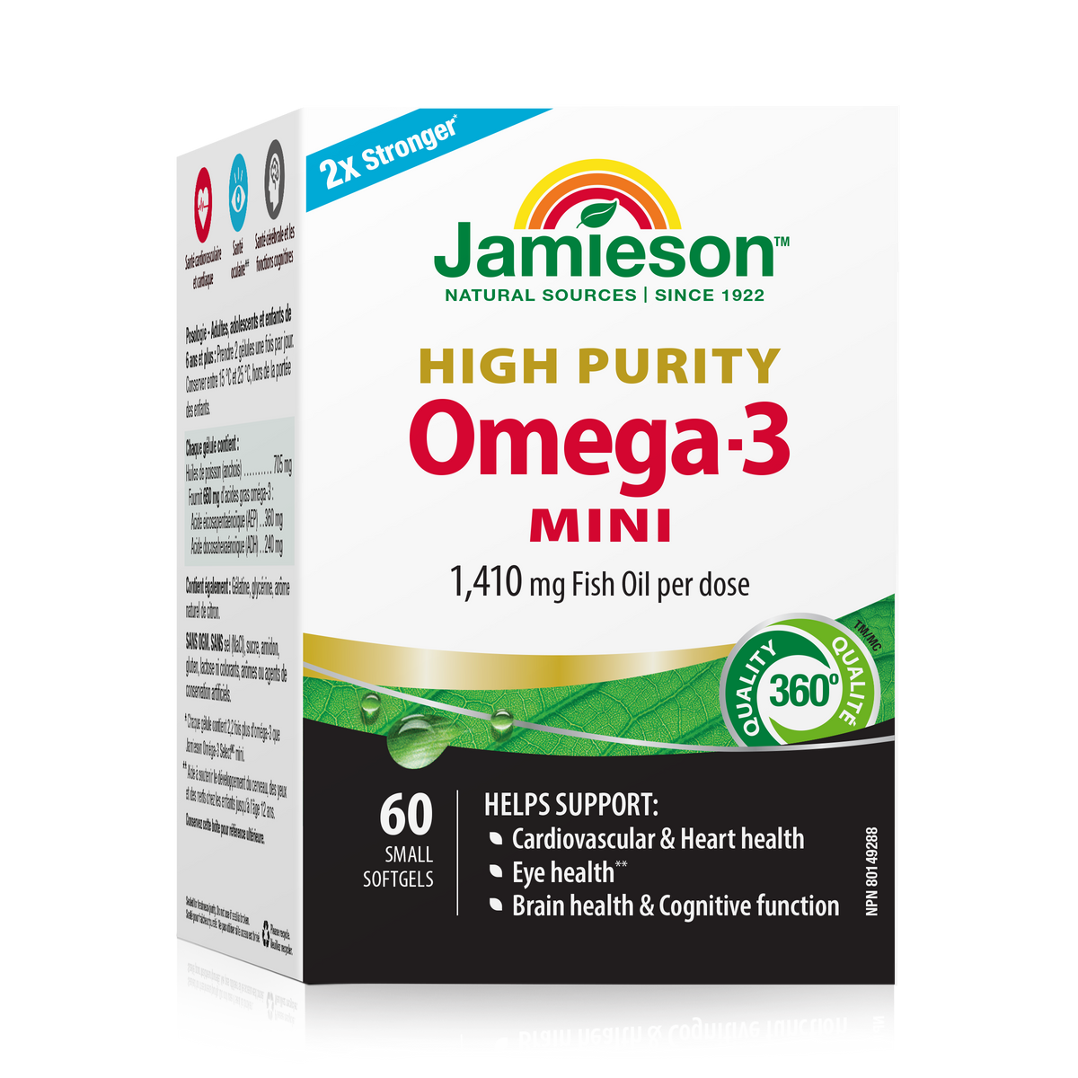 Jamieson Omega-3 Mini supplement box, 60 small softgels, featuring a white and black packaging design with green and yellow text and a blue '2X Stronger' banner.