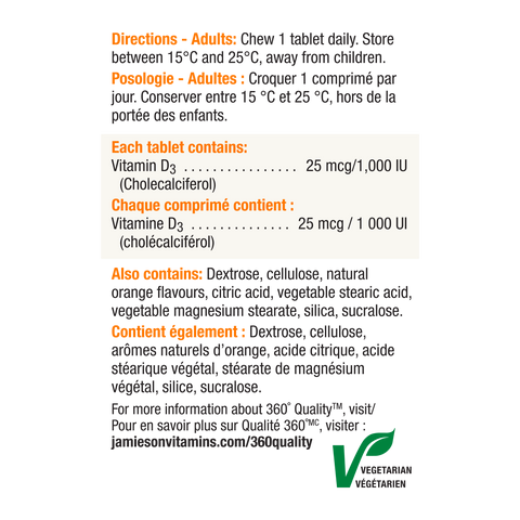 31000444 Jamieson Vitamin D3 Chewables 1,000 IU Tablet 6171_R2023_D3_Chew_Orange_250cc_NFP