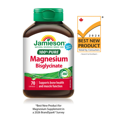 31002187 Jamieson 100% Pure Magnesium Bisglycinate mineral supplement bottle packaging with label: 2026 Best New Product for Magnesium Supplements in a 2026 BrandSpark® Survey