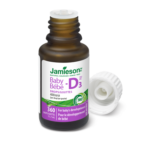 31000481 Jamieson Baby-D Vitamin D3 Droplets 400 IU, 11.7 mL 6925_R2084_Baby-D3_Drops_400IU_BTL_OPEN_ALT2