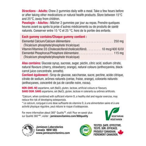 31000529 Jamieson Calcium + Vitamin D3 | Gummies Cherry, Strawberry, Orange Flavour 60 Gummies 7491_R2094_Calcium+D_CherryStrawOraGummies_500cc_NFP