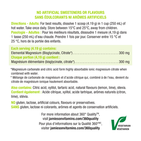 31000563 Jamieson Magnesium Bisglycinate Plus Citrate* Powder Lemon Lime Flavour 228 g 7760_NFP