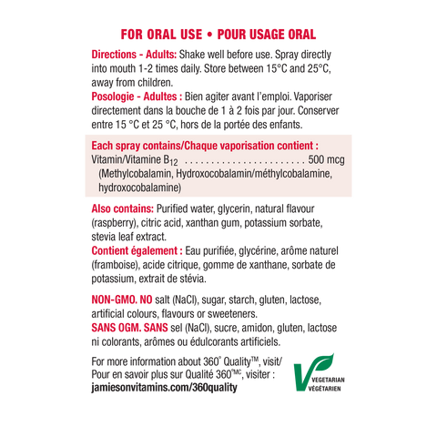 31000579 Jamieson Vitamin B12 Energy Spray 500 mcg, 58 mL 7860_R2094_B12_Spray_Raspberry_BI_NFP