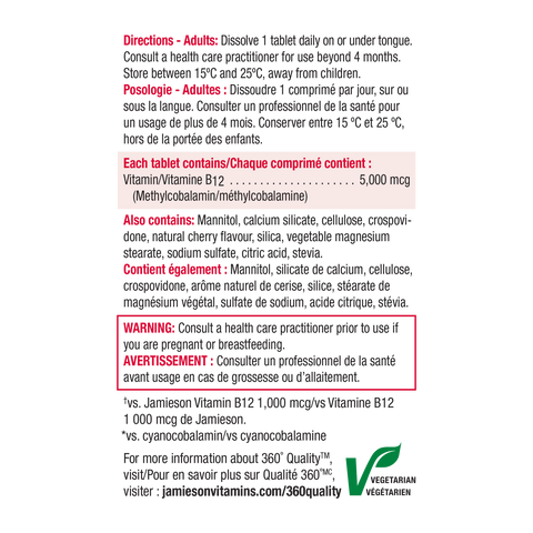 31000613 Jamieson Vitamin B12 Fast-Dissolving 5,000 mcg, 45 ct 7929_R2094_B12_5000mcg_FD_160cc_NFP