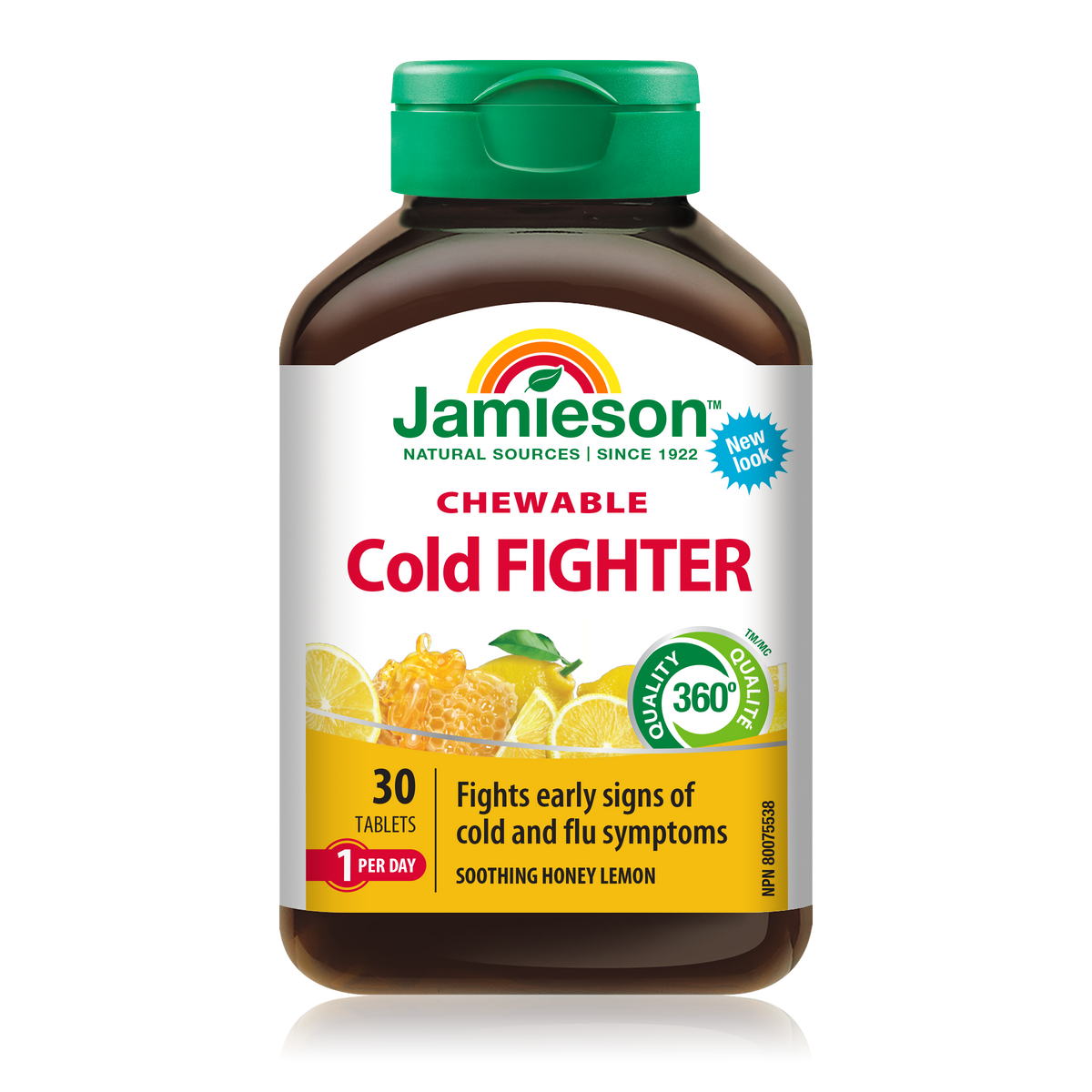 31000835 Jamieson Cold Fighter | Chewable Soothing Honey Lemon Flavour 30 Tablets 9005_R2094_ColdFighter_Chewable_HoneyLemon_160cc_BTL_MAIN