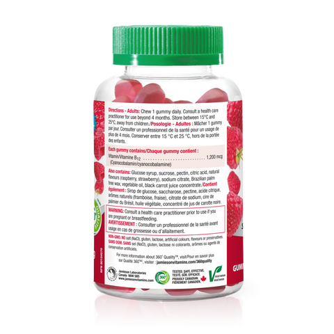 31001110 Jamieson Vitamin B12 Gummies 1,200 mcg, Raspberry, 70 ct 9548_J_GUM_B12_1200mcg_300cc_R2104_BTL_DIR