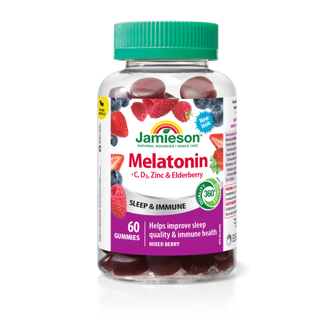 31001248 Jamieson Melatonin + Immunity Gummies, Mixed Berry, 60 ct 9846_R2084_GUM_Melatonin+CDZincElderberry_300cc_BTL_MAIN