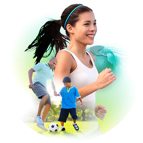 Image of woman running and man and child playing soccer.